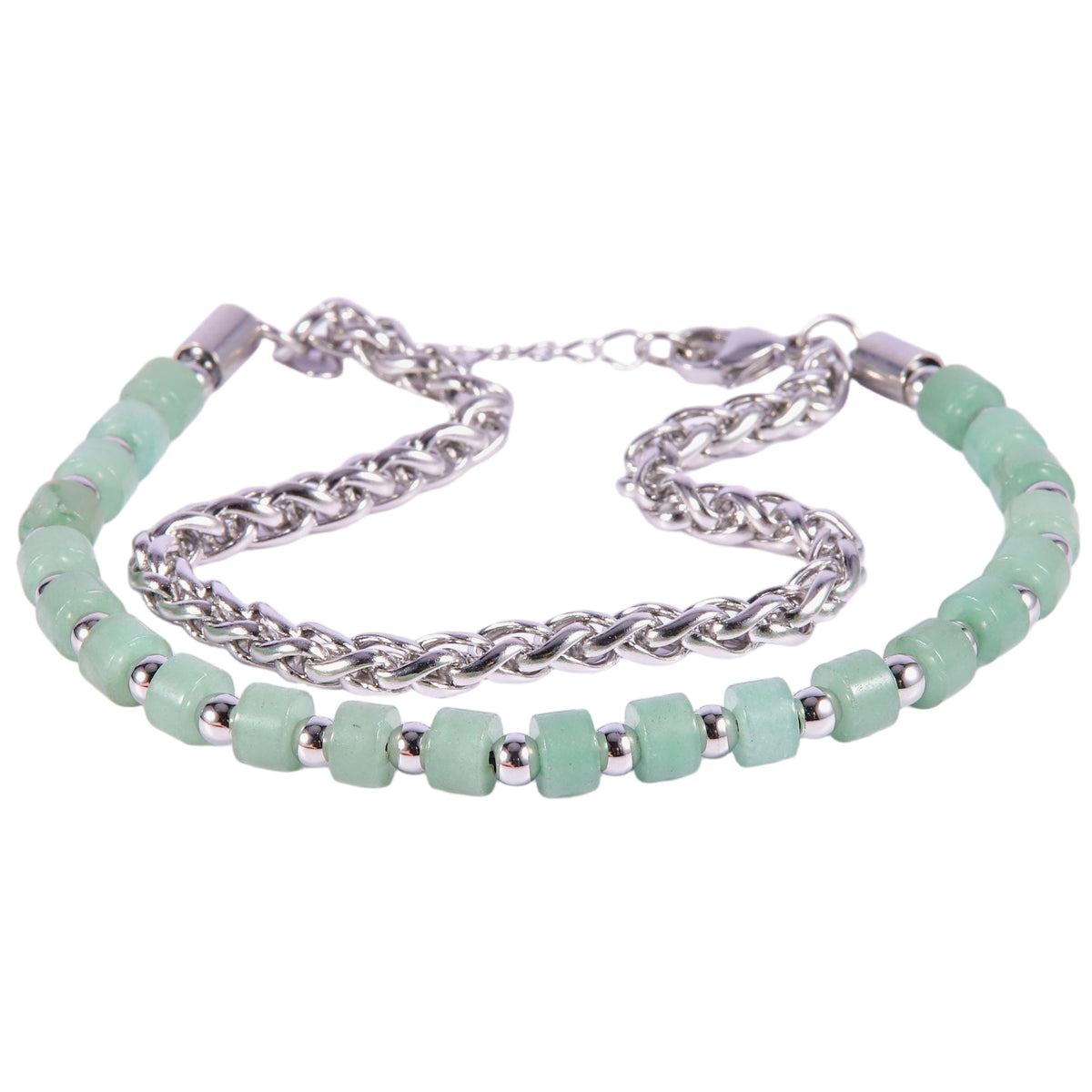 Stainless Steel Silver Tone Dual Layer Emerald Bead Curb Chain Bracelet