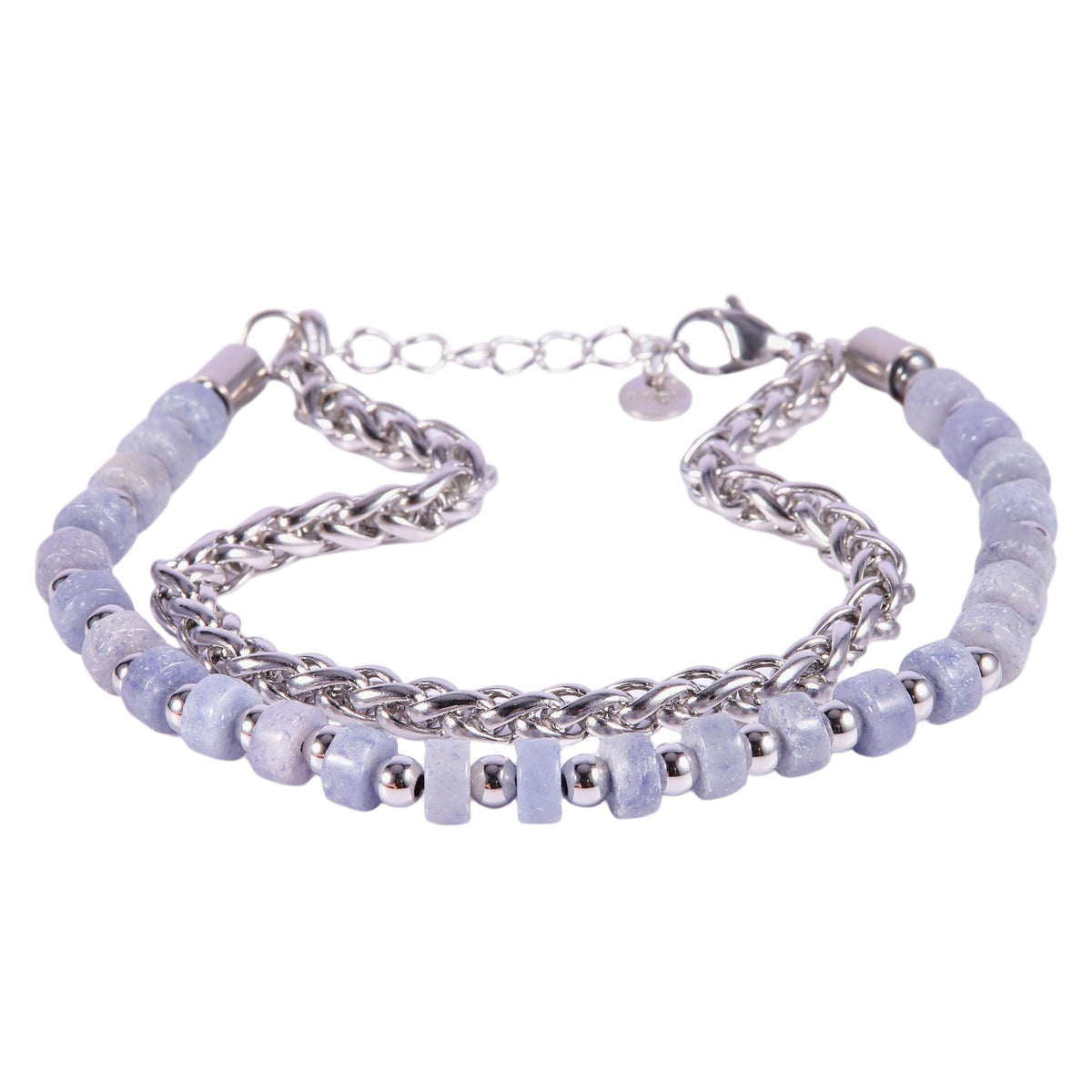 Stainless Steel Silver Tone Dual Layer Purple Bead Curb Chain Bracelet