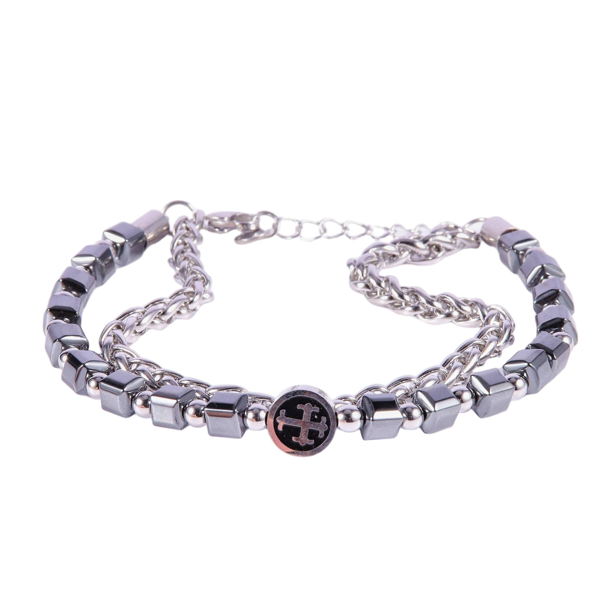 Stainless Steel Silver Tone Hematite Bead Rope Chain Bracelet with Cross Charm