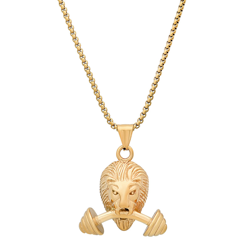 Gold Plated Lion & Barbell Stainless Steel Necklace