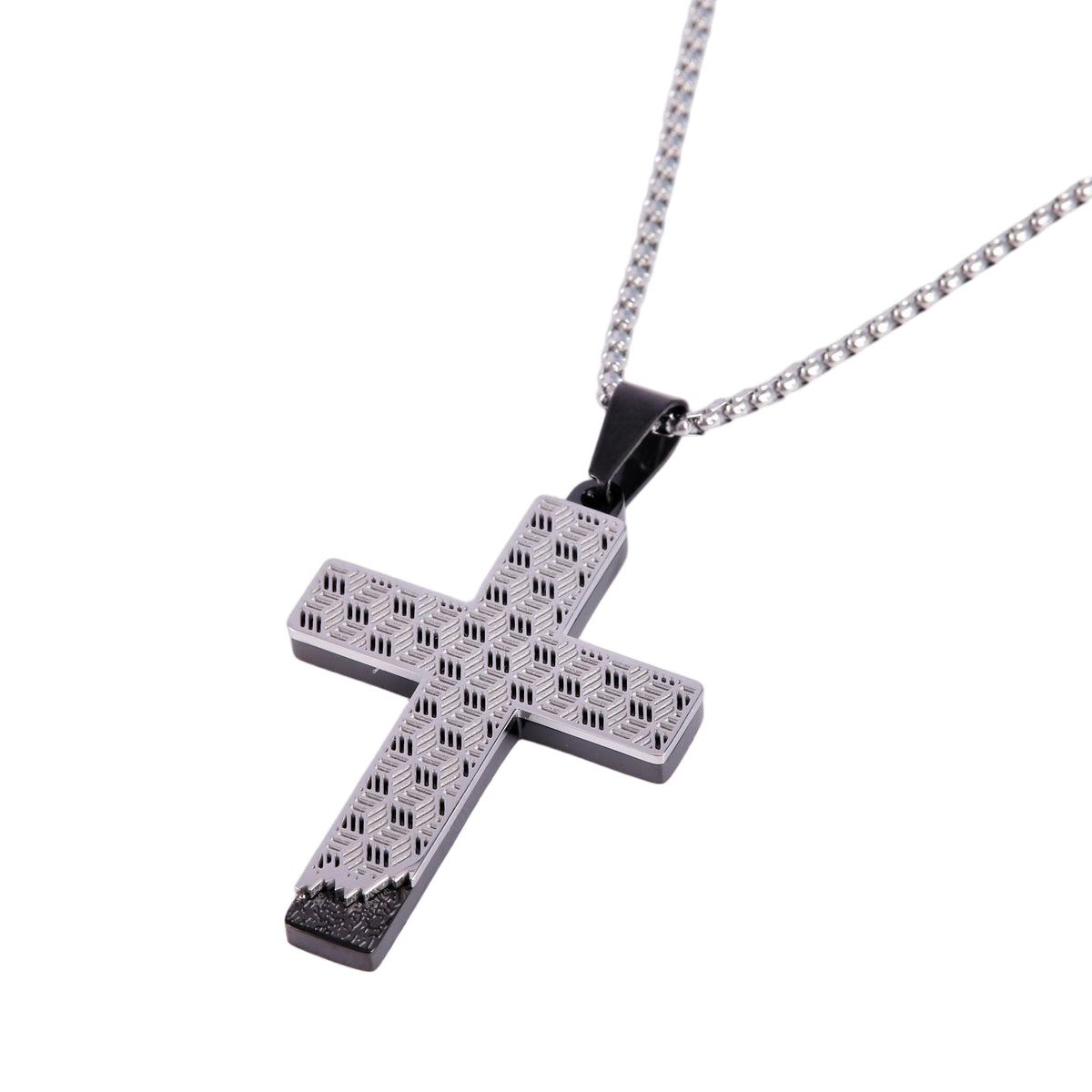 Geometric Black and Steel Cross Pendant