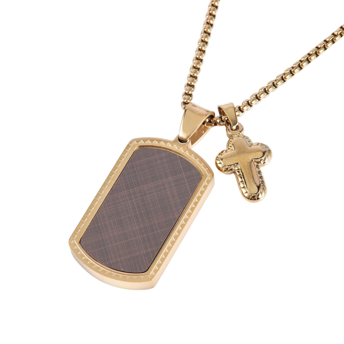 Gold Bezel Dogtag With Gold Plated Rounded Cross Necklace