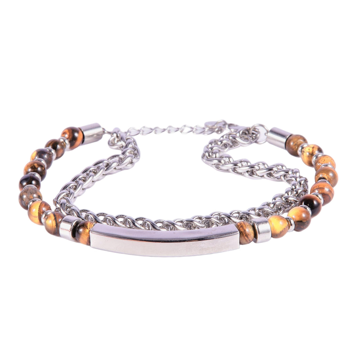 Stainless Steel Silver Tone Tiger Eye Bead Curb Chain ID Bracelet
