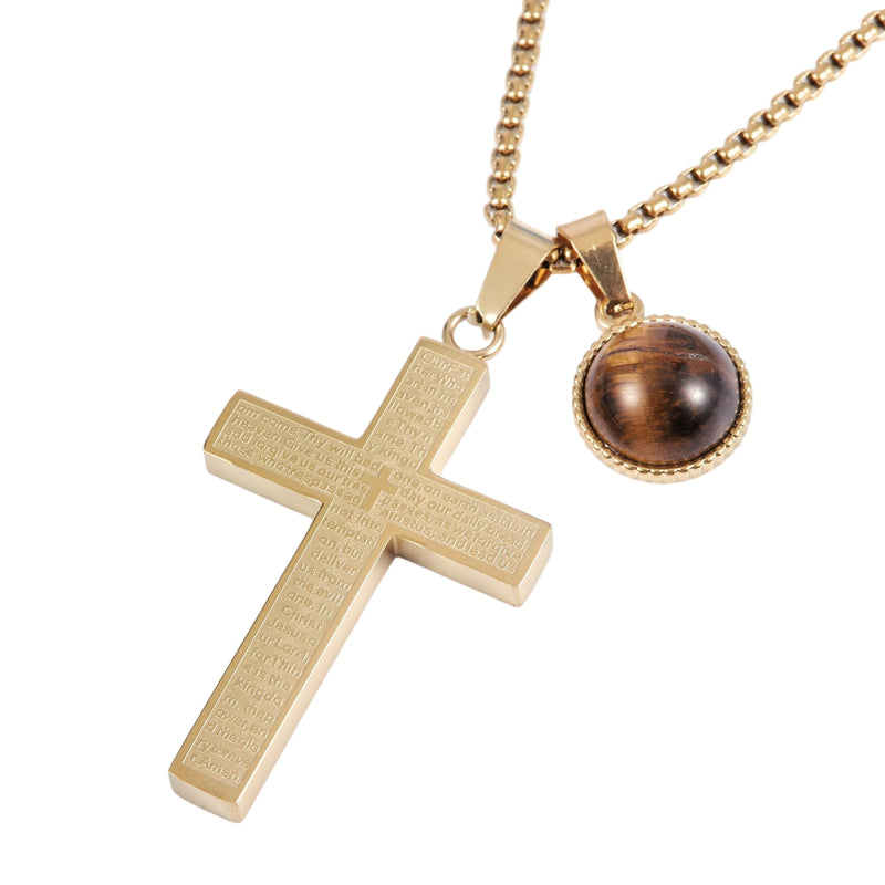 Lords Prayer and Amber Oval Cross Necklace